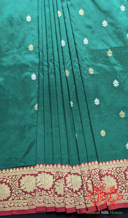 Pure Banarasi Handloom Katan Silk Meenakari Antique Golden Zari Saree In Shades Of Green - Bharat Silk House