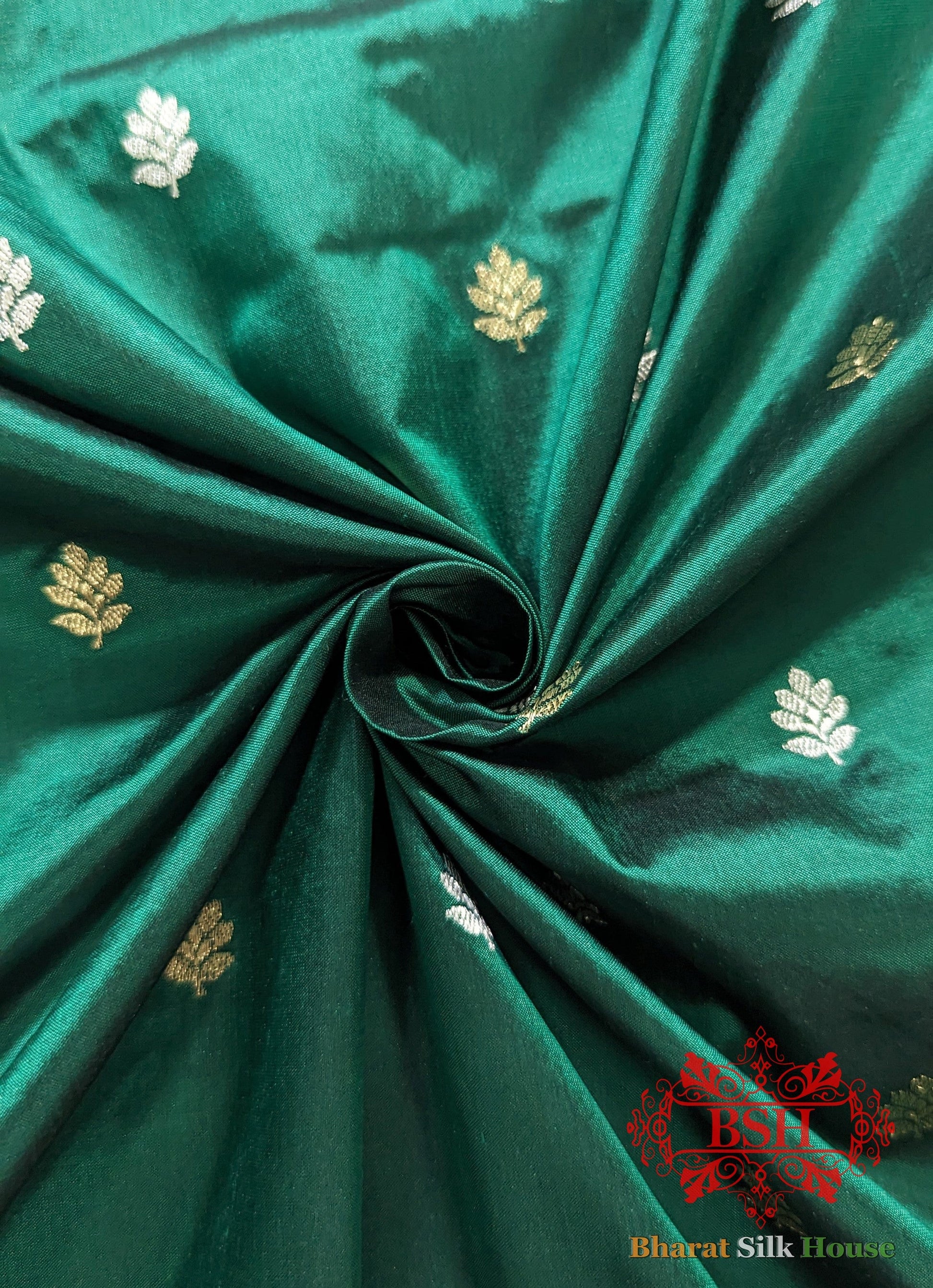 Pure Banarasi Handloom Katan Silk Meenakari Antique Golden Zari Saree In Shades Of Green - Bharat Silk House