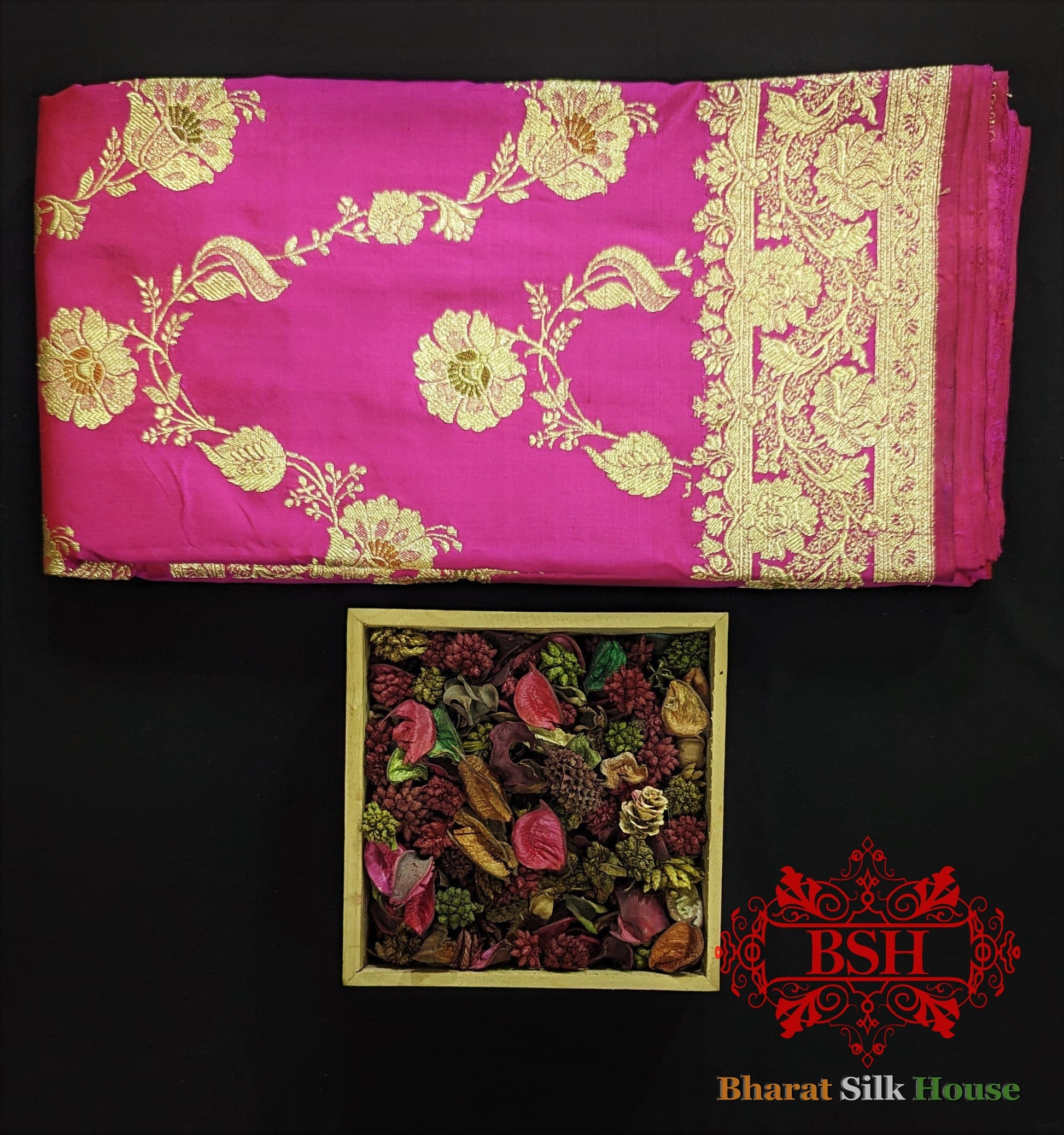 Pure Banarasi Handloom Katan Silk Meenakari Antique Golden Zari Saree In Shades Of Rani - Bharat Silk House