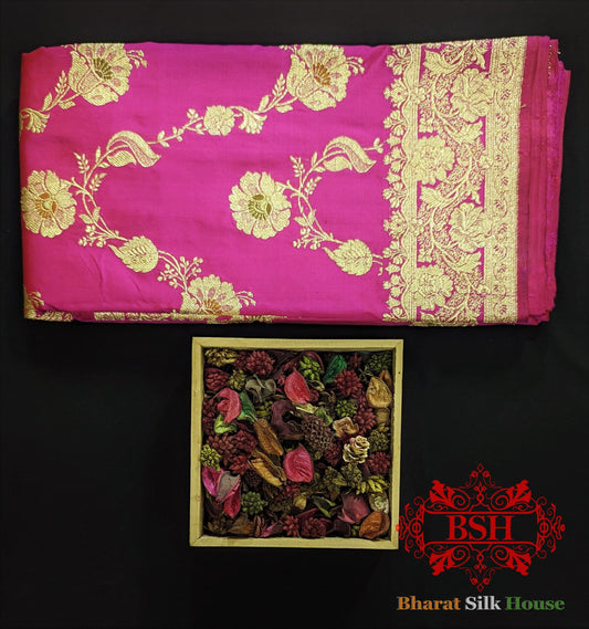 Pure Banarasi Handloom Katan Silk Meenakari Antique Golden Zari Saree In Shades Of Rani - Bharat Silk House