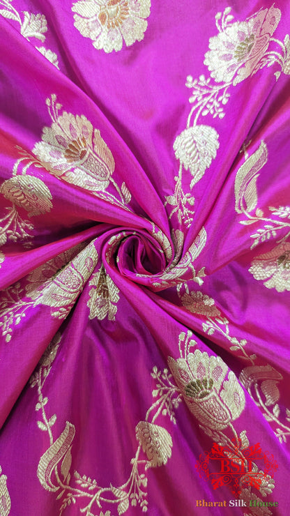 Pure Banarasi Handloom Katan Silk Meenakari Antique Golden Zari Saree In Shades Of Rani - Bharat Silk House