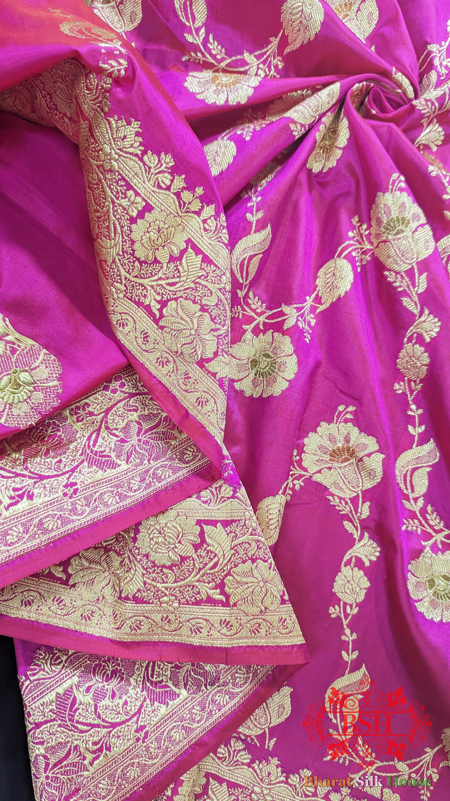 Pure Banarasi Handloom Katan Silk Meenakari Antique Golden Zari Saree In Shades Of Rani - Bharat Silk House