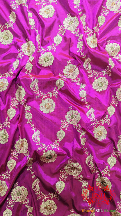 Pure Banarasi Handloom Katan Silk Meenakari Antique Golden Zari Saree In Shades Of Rani - Bharat Silk House