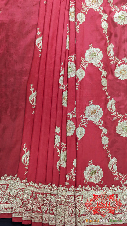 Pure Banarasi Handloom Katan Silk Meenakari Antique Golden Zari Saree In Shades Of Red - Bharat Silk House