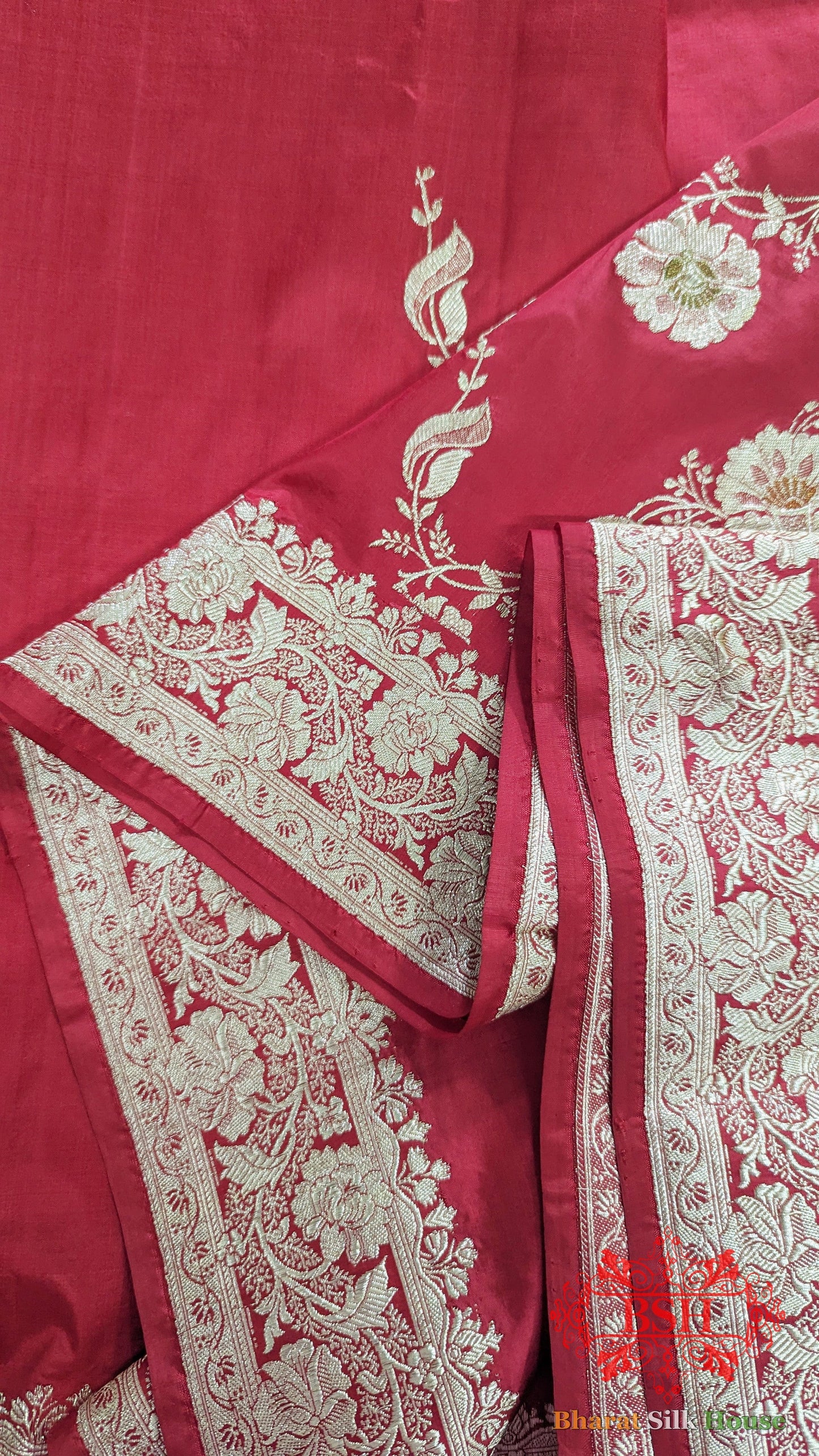 Pure Banarasi Handloom Katan Silk Meenakari Antique Golden Zari Saree In Shades Of Red - Bharat Silk House