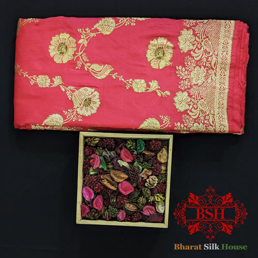 Pure Banarasi Handloom Katan Silk Meenakari Antique Golden Zari Saree In Shades Of Strawberry - Bharat Silk House