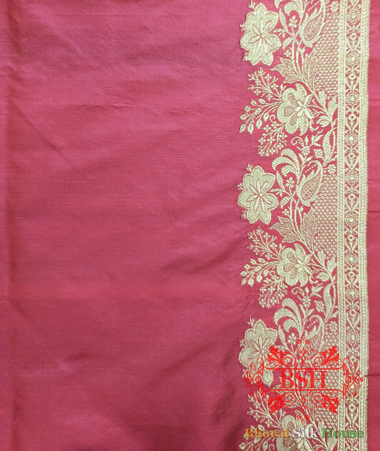 Pure Banarasi Handloom Katan Silk Meenakari Antique Golden Zari Saree In Shades Of Strawberry - Bharat Silk House