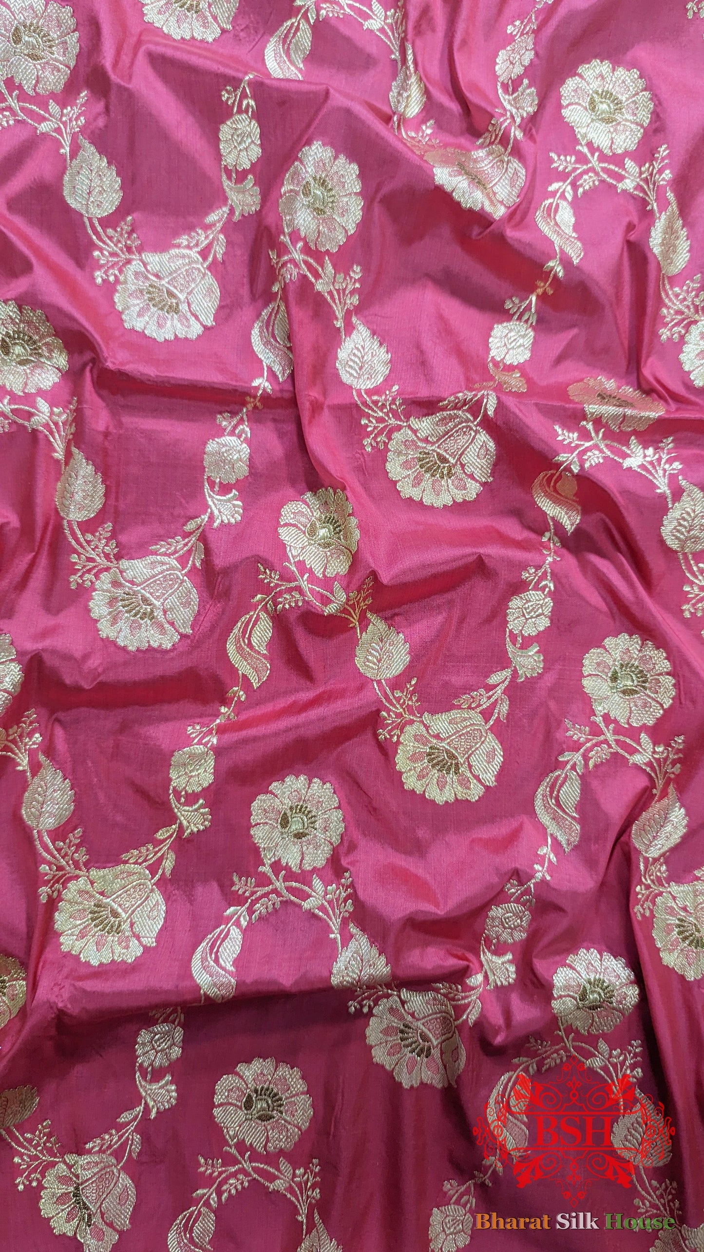 Pure Banarasi Handloom Katan Silk Meenakari Antique Golden Zari Saree In Shades Of Strawberry - Bharat Silk House