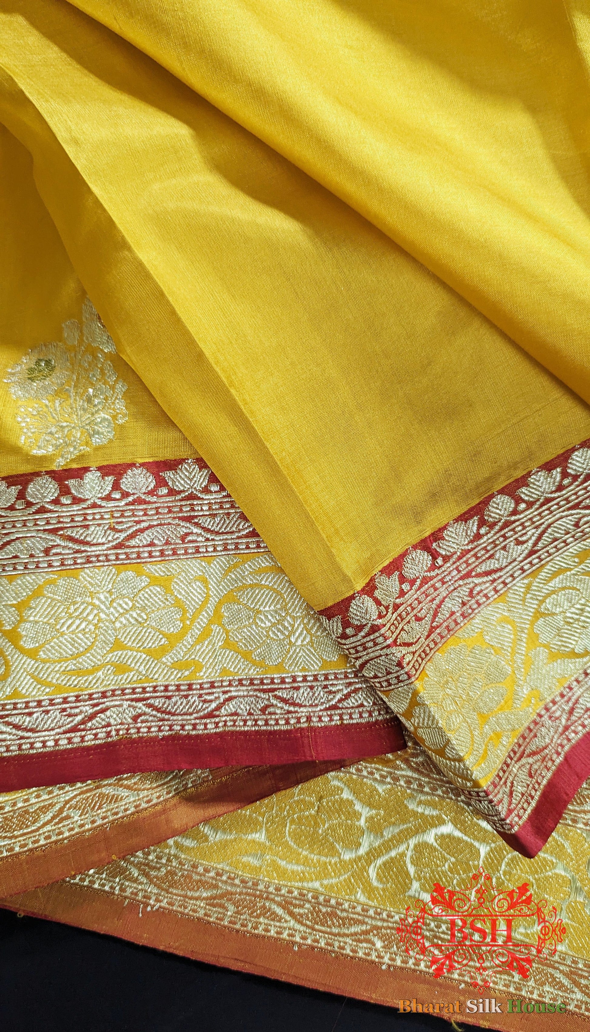 Pure Banarasi Handloom Katan Silk Meenakari Antique Golden Zari Saree In Shades Of Yellow - Bharat Silk House