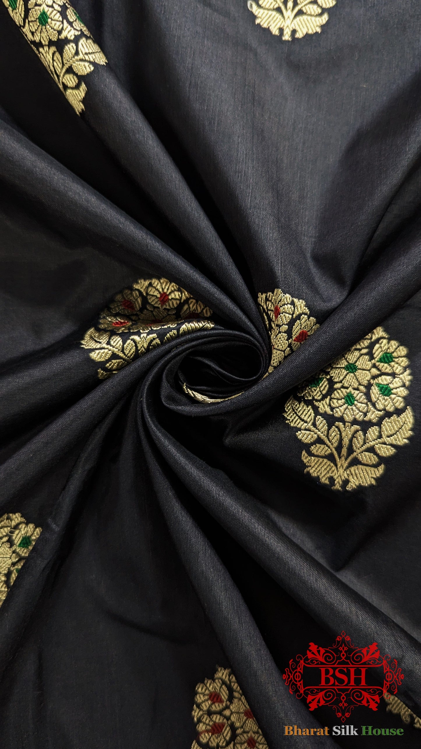 Pure Banarasi Handloom Katan Silk Meenakari Antique Zari Saree In Shades Of Black - Bharat Silk House