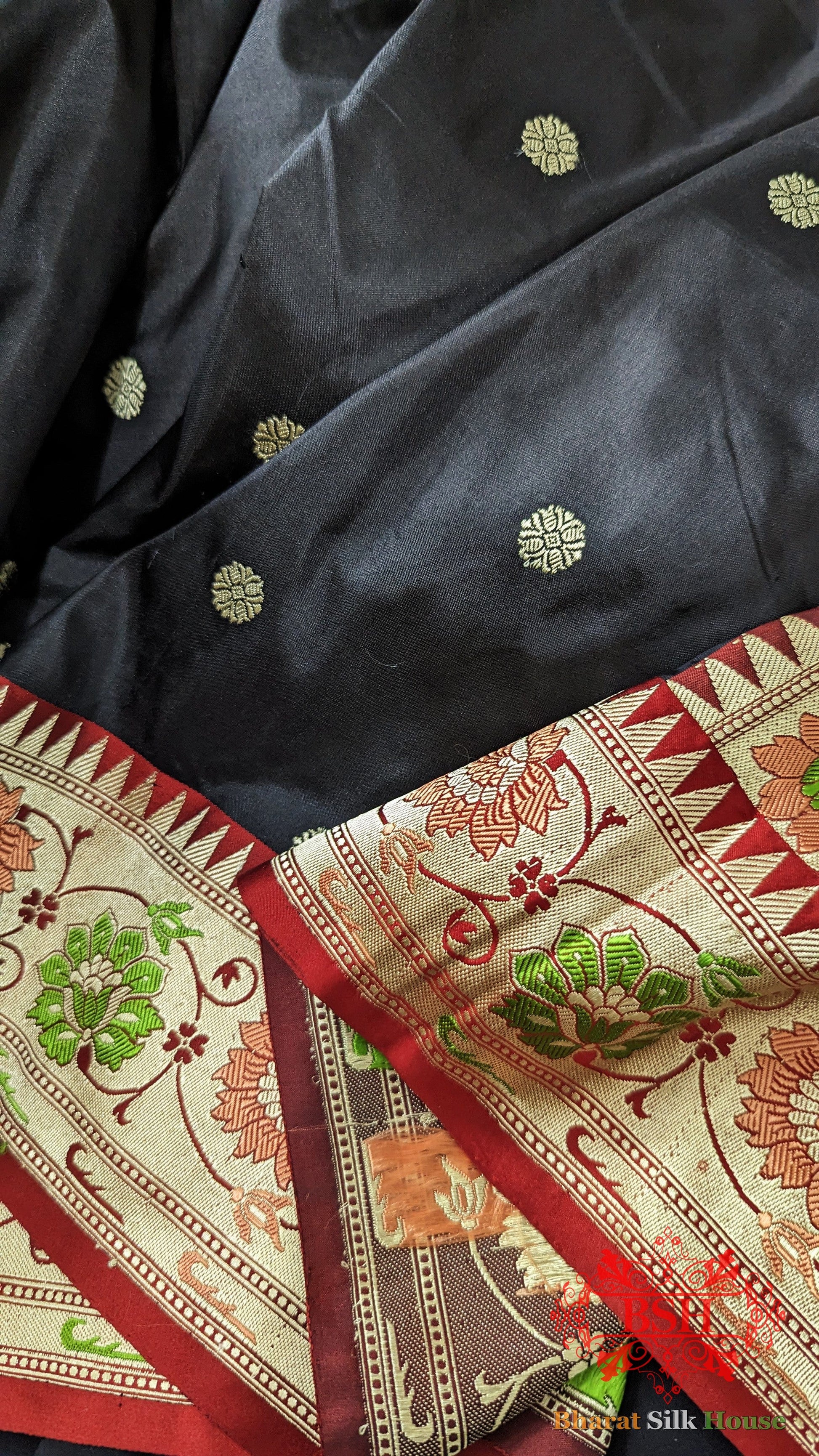 Pure Banarasi Handloom Katan Silk Meenakari Antique Zari Saree In Shades Of Black - Bharat Silk House