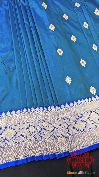 Pure Banarasi Handloom Katan Silk Meenakari Antique Zari Saree In Shades Of Blue - Bharat Silk House