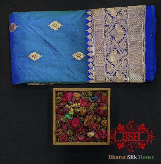 Pure Banarasi Handloom Katan Silk Meenakari Antique Zari Saree In Shades Of Blue - Bharat Silk House