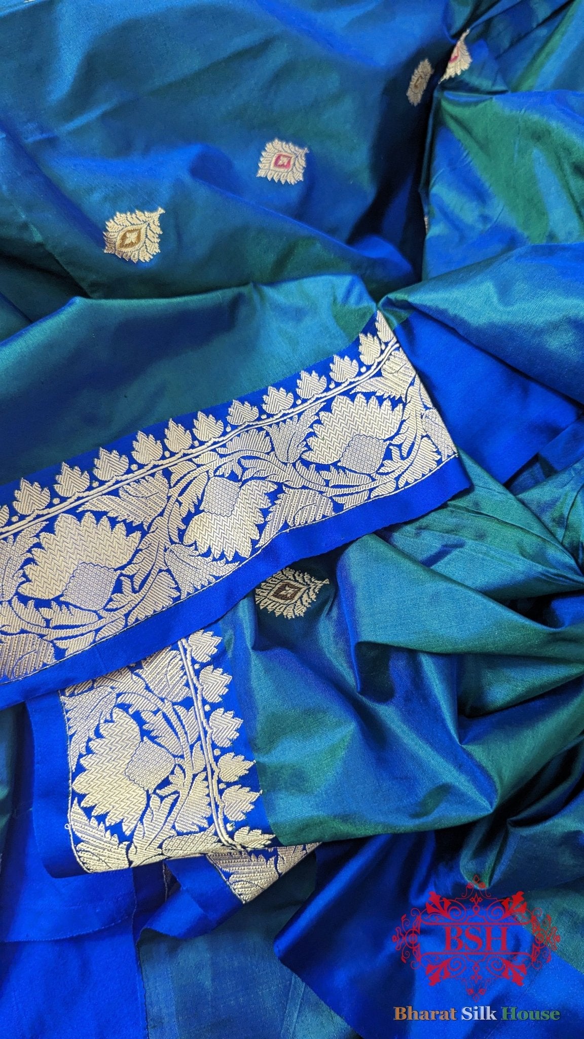 Pure Banarasi Handloom Katan Silk Meenakari Antique Zari Saree In Shades Of Blue - Bharat Silk House