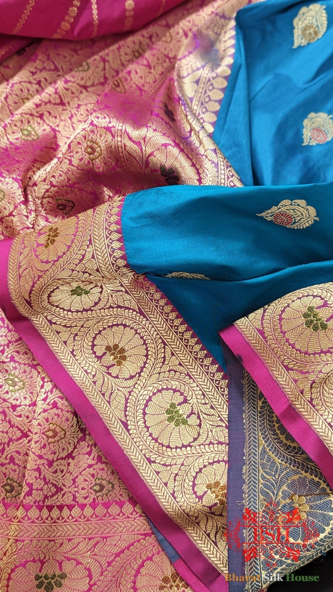 Pure Banarasi Handloom Katan Silk Meenakari Antique Zari Saree In Shades Of Blue - Bharat Silk House