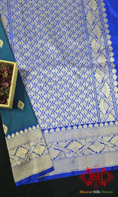 Pure Banarasi Handloom Katan Silk Meenakari Antique Zari Saree In Shades Of Blue - Bharat Silk House