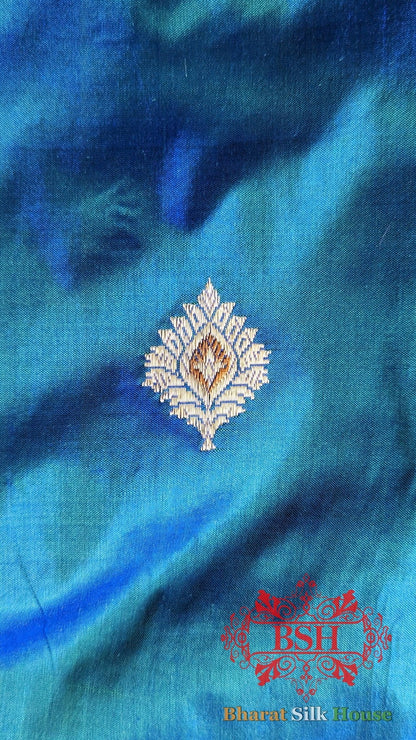 Pure Banarasi Handloom Katan Silk Meenakari Antique Zari Saree In Shades Of Blue - Bharat Silk House