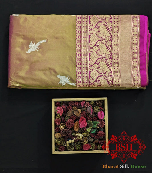 Pure Banarasi Handloom Katan Silk Meenakari Antique Zari Saree In Shades Of Cross Colour - Bharat Silk House