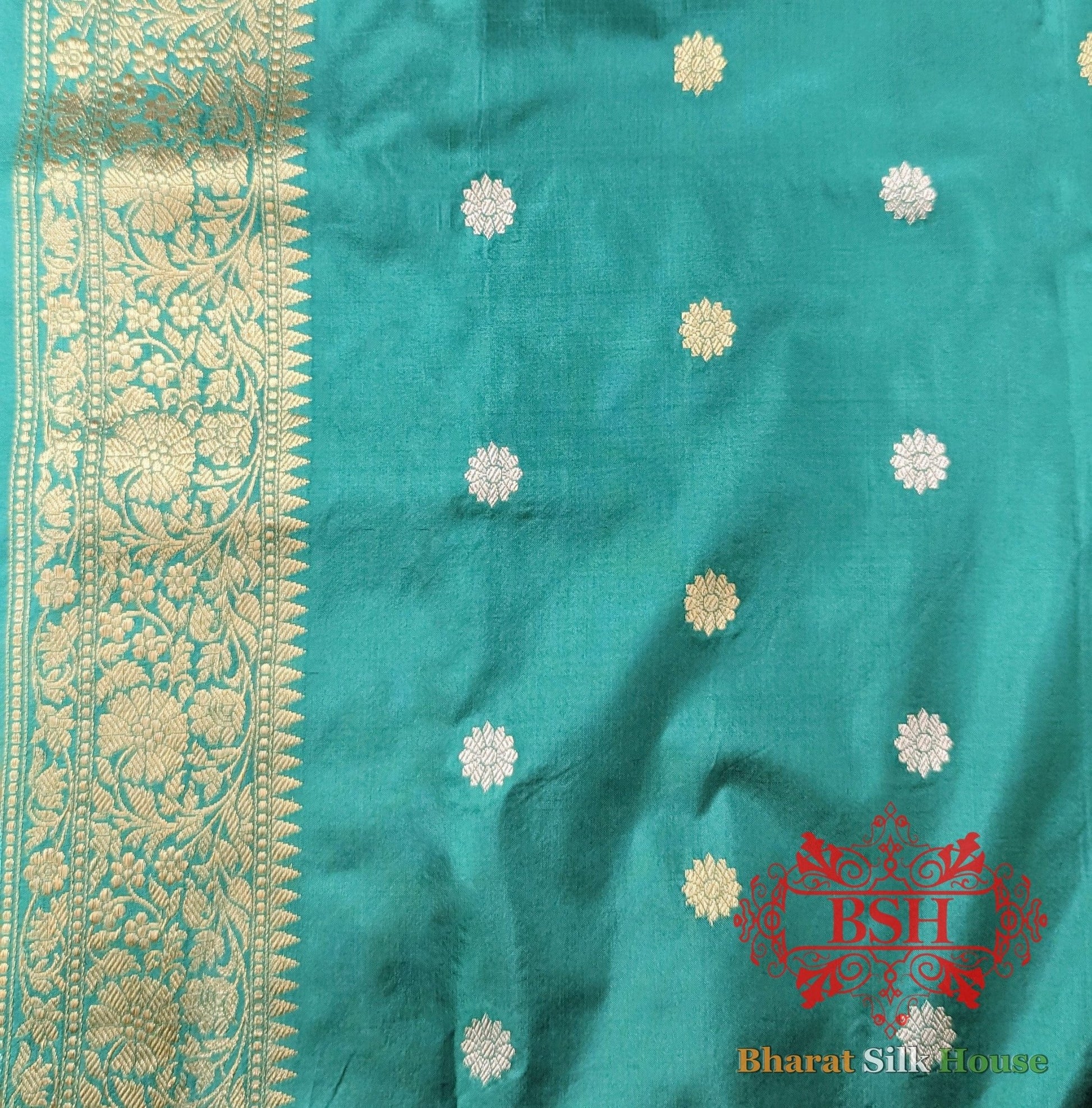 Pure Banarasi Handloom Katan Silk Meenakari Antique Zari Saree In Shades Of Cyan - Bharat Silk House