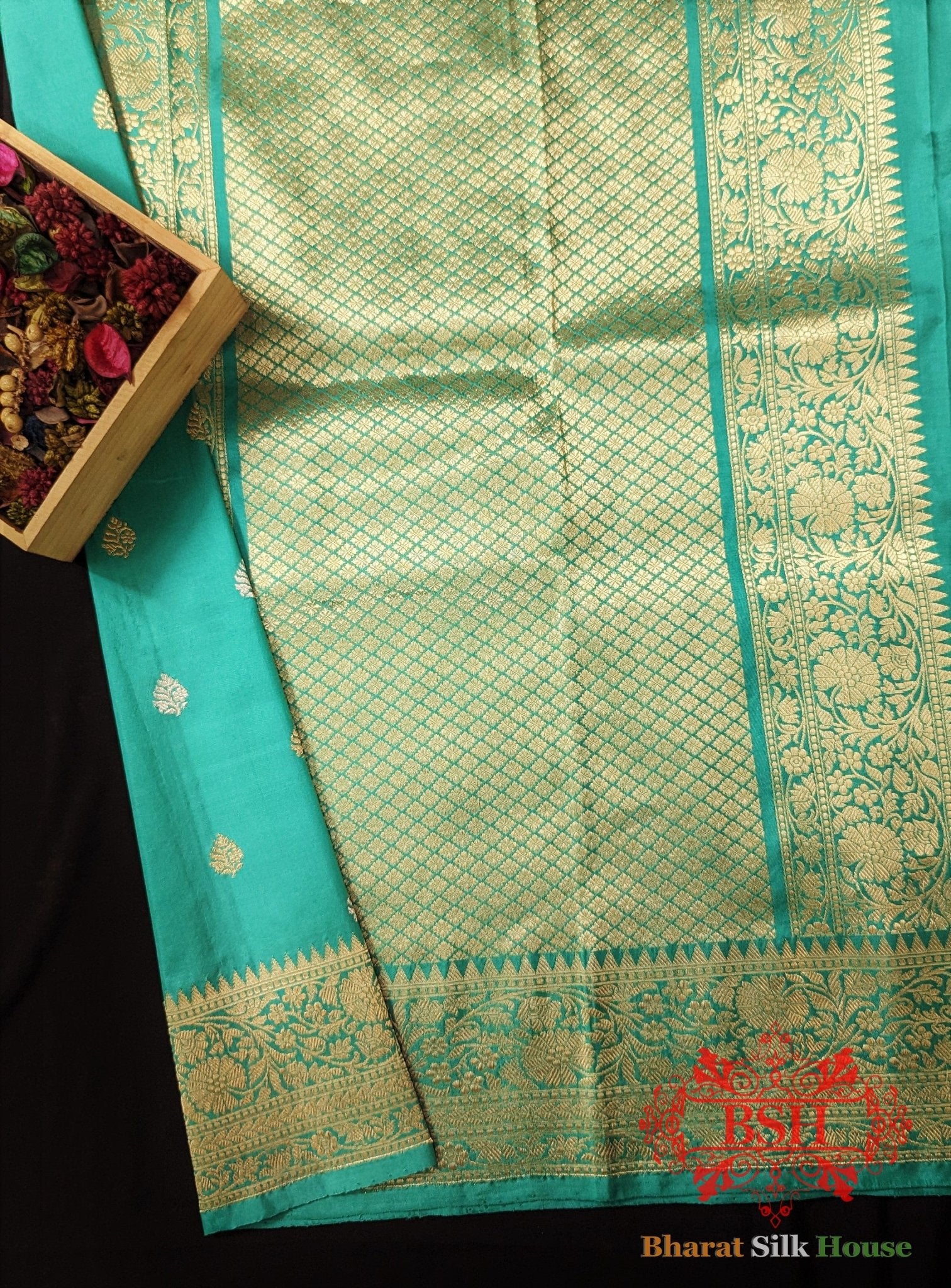 Pure Banarasi Handloom Katan Silk Meenakari Antique Zari Saree In Shades Of Cyan - Bharat Silk House