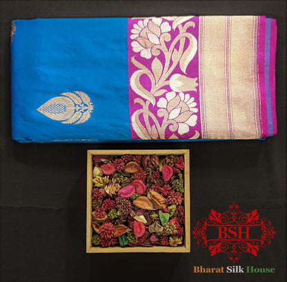 Pure Banarasi Handloom Katan Silk Meenakari Antique Zari Saree In Shades Of Firozi - Bharat Silk House