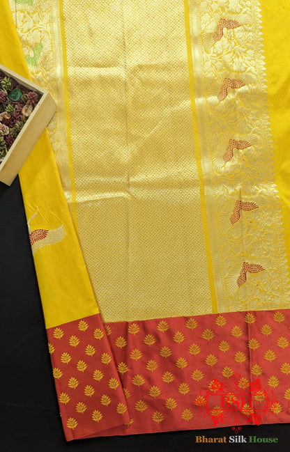 Pure Banarasi Handloom Katan Silk Meenakari Antique Zari Saree In Shades Of Gold Yellow - Bharat Silk House