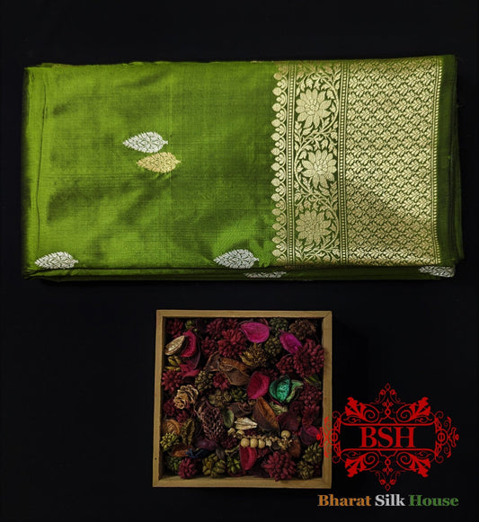 Pure Banarasi Handloom Katan Silk Meenakari Antique Zari Saree In Shades of Green - Bharat Silk House