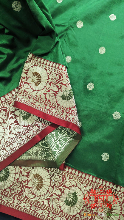 Pure Banarasi Handloom Katan Silk Meenakari Antique Zari Saree In Shades Of Green - Bharat Silk House