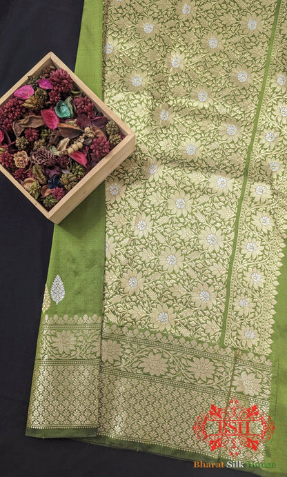 Pure Banarasi Handloom Katan Silk Meenakari Antique Zari Saree In Shades of Green - Bharat Silk House