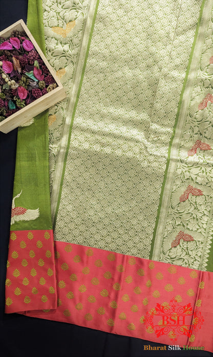 Pure Banarasi Handloom Katan Silk Meenakari Antique Zari Saree In Shades Of Green - Bharat Silk House