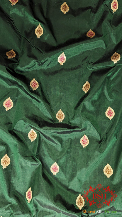 Pure Banarasi Handloom Katan Silk Meenakari Antique Zari Saree In Shades Of Green - Bharat Silk House