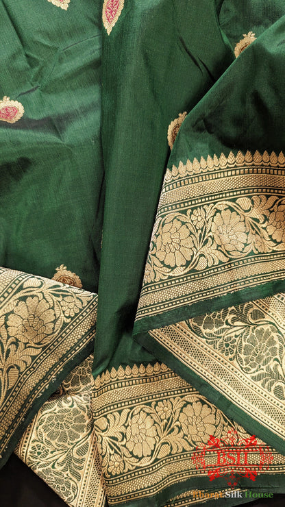 Pure Banarasi Handloom Katan Silk Meenakari Antique Zari Saree In Shades Of Green - Bharat Silk House