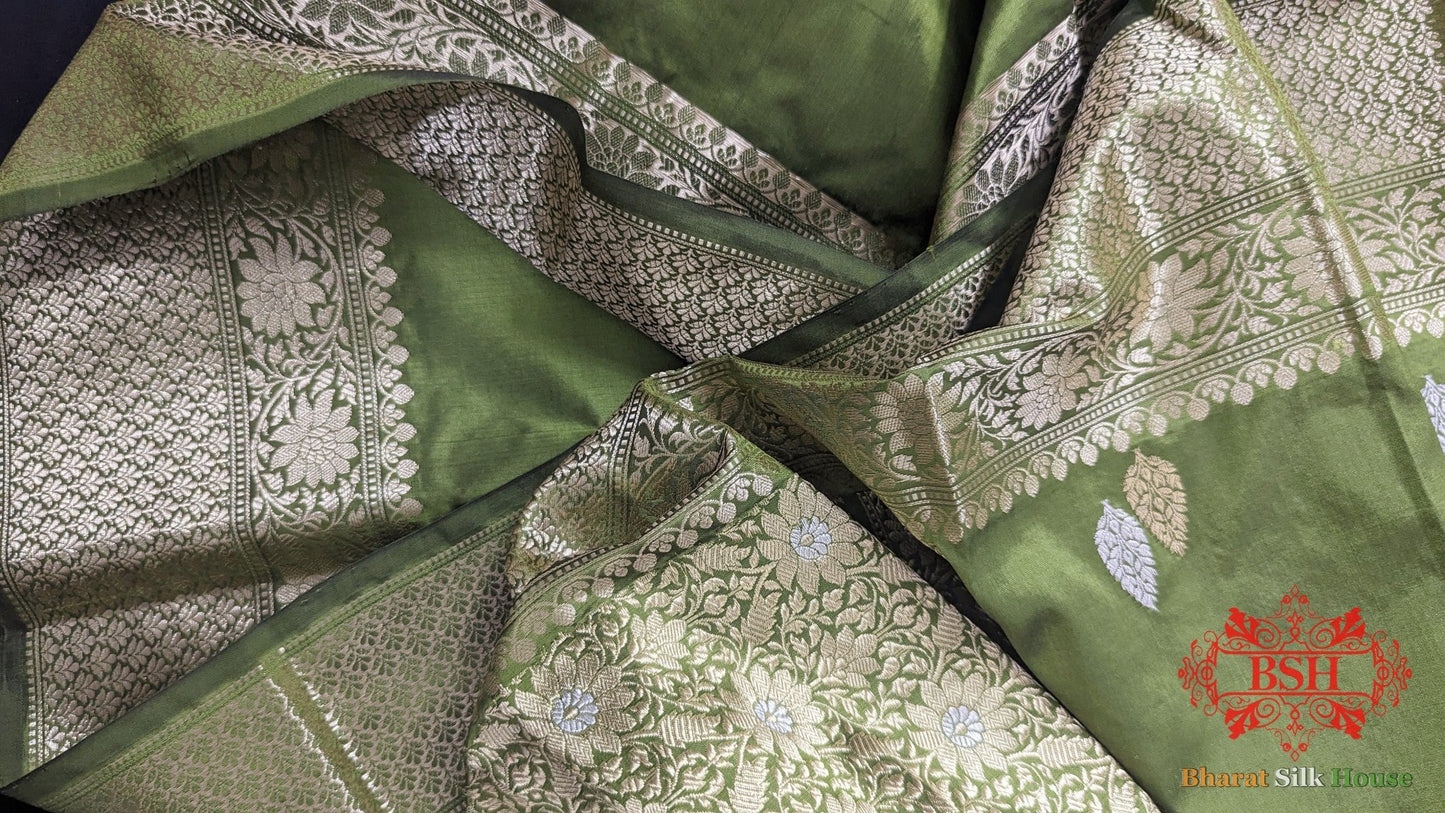 Pure Banarasi Handloom Katan Silk Meenakari Antique Zari Saree In Shades of Green - Bharat Silk House