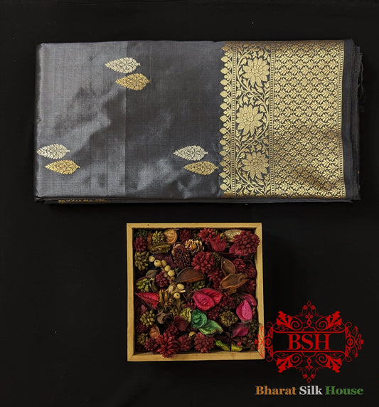 Pure Banarasi Handloom Katan Silk Meenakari Antique Zari Saree In Shades Of Grey - Bharat Silk House