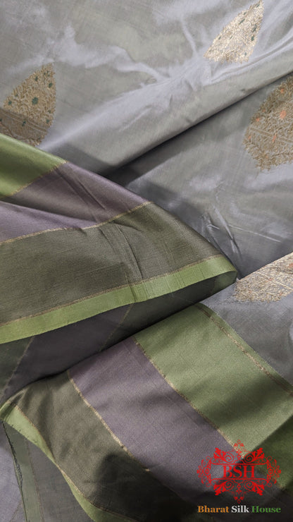 Pure Banarasi Handloom Katan Silk Meenakari Antique Zari Saree In Shades Of Grey - Bharat Silk House