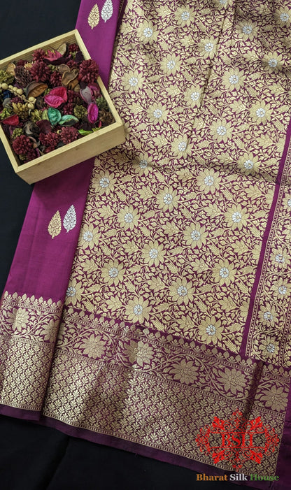 Pure Banarasi Handloom Katan Silk Meenakari Antique Zari Saree In Shades Of Magenta - Bharat Silk House