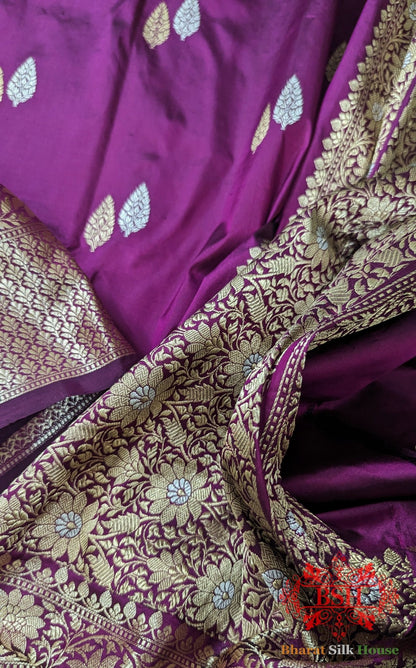 Pure Banarasi Handloom Katan Silk Meenakari Antique Zari Saree In Shades Of Magenta - Bharat Silk House