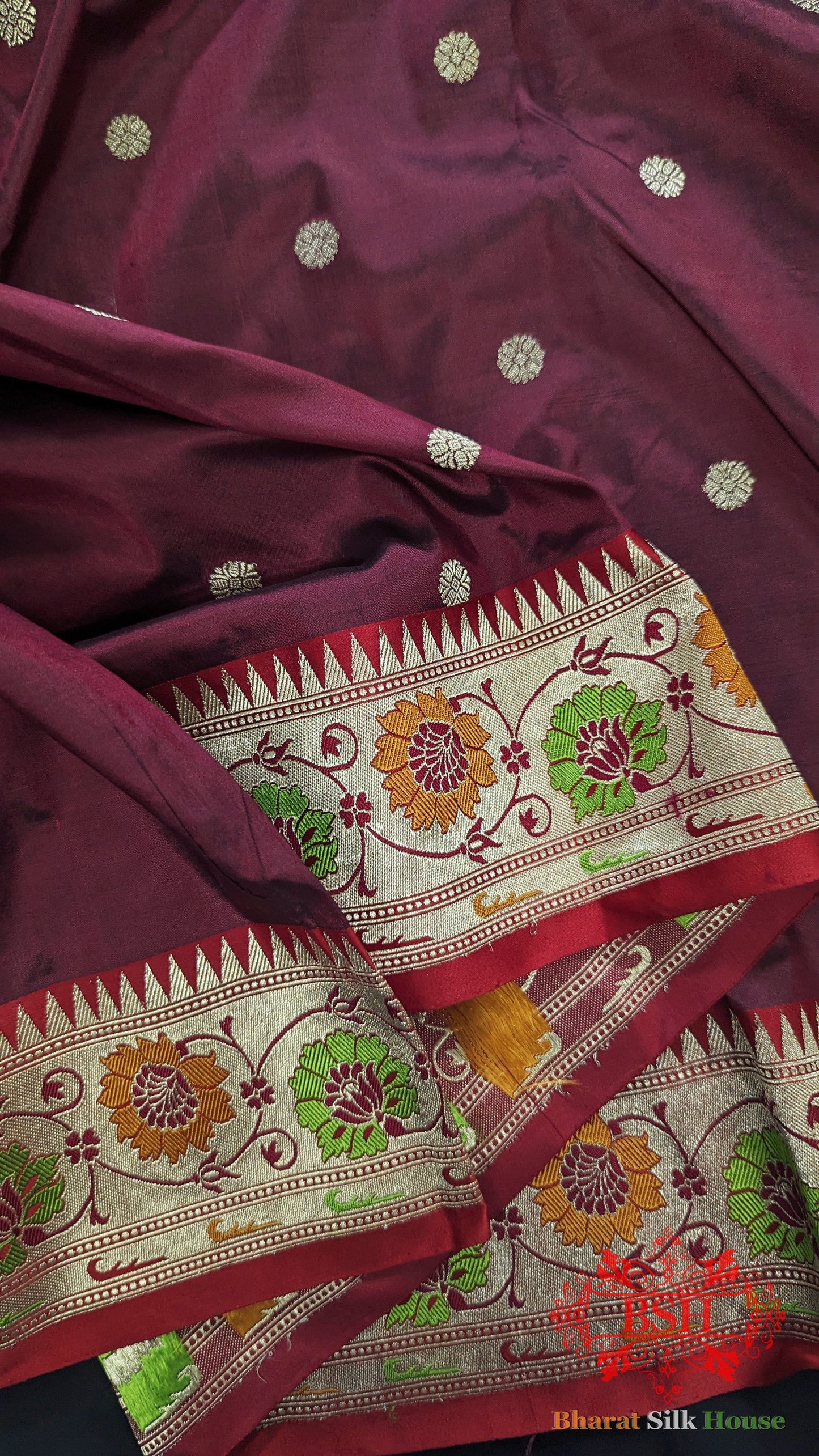 Pure Banarasi Handloom Katan Silk Meenakari Antique Zari Saree In Shades Of Maroon - Bharat Silk House