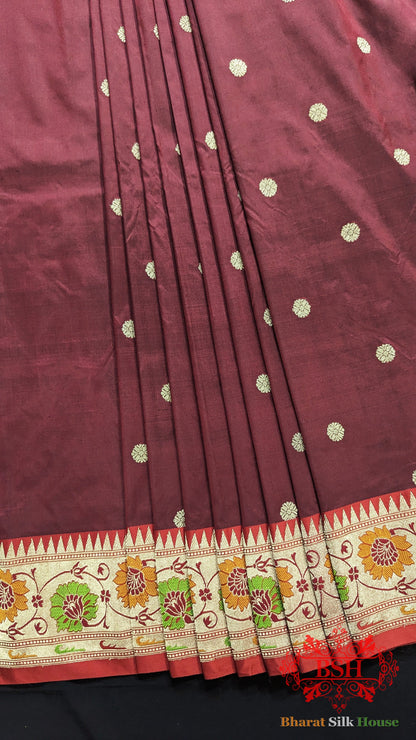 Pure Banarasi Handloom Katan Silk Meenakari Antique Zari Saree In Shades Of Maroon - Bharat Silk House