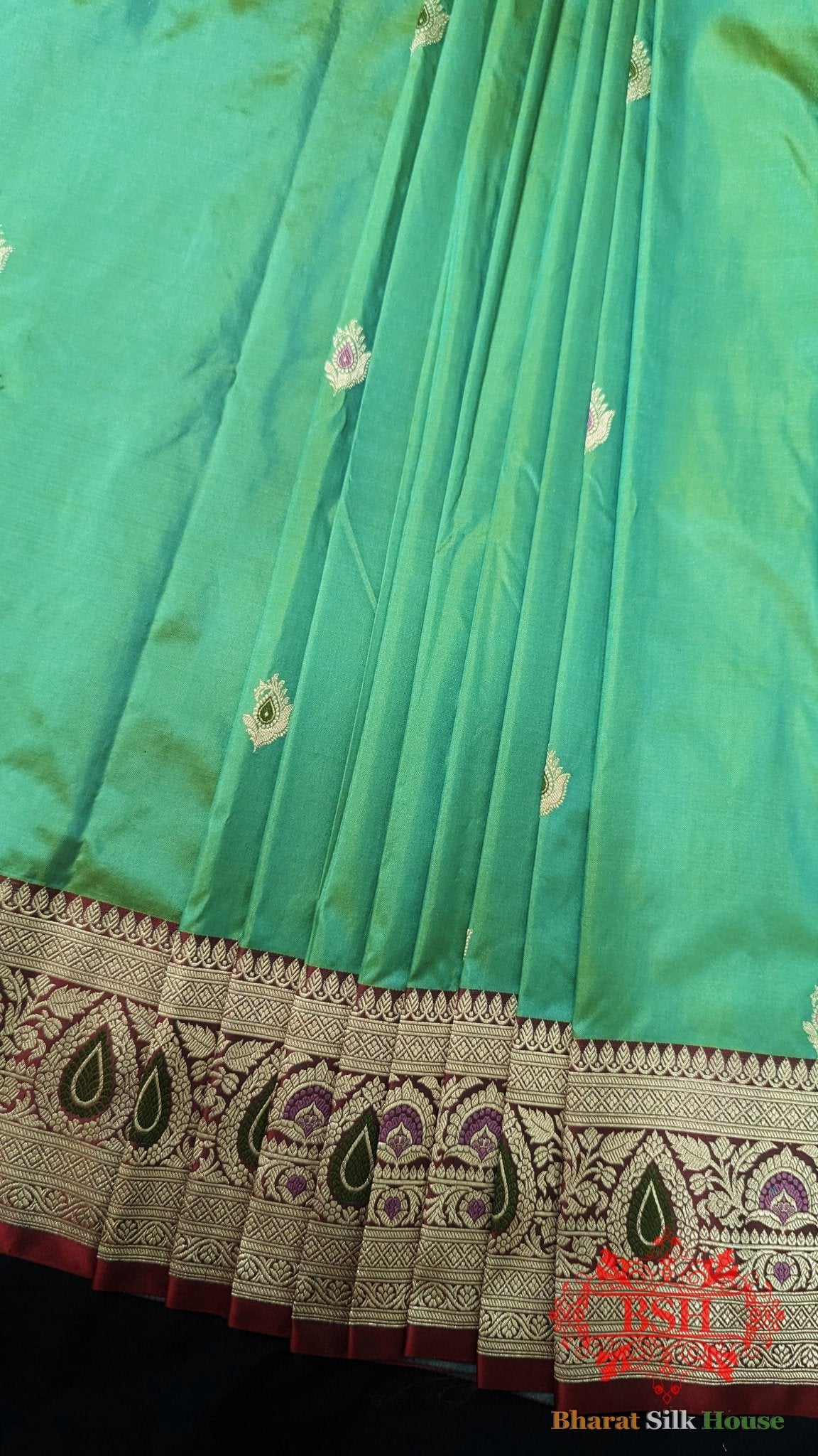 Pure Banarasi Handloom Katan Silk Meenakari Antique Zari Saree In Shades Of Mint Green - Bharat Silk House