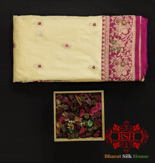 Pure Banarasi Handloom Katan Silk Meenakari Antique Zari Saree In Shades Of Off White - Bharat Silk House