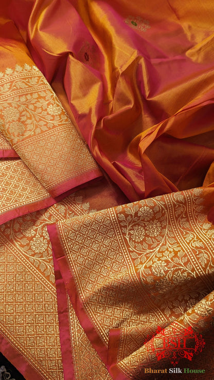 Pure Banarasi Handloom Katan Silk Meenakari Antique Zari Saree In Shades Of Orange - Bharat Silk House