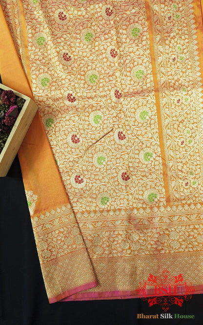 Pure Banarasi Handloom Katan Silk Meenakari Antique Zari Saree In Shades Of Orange - Bharat Silk House