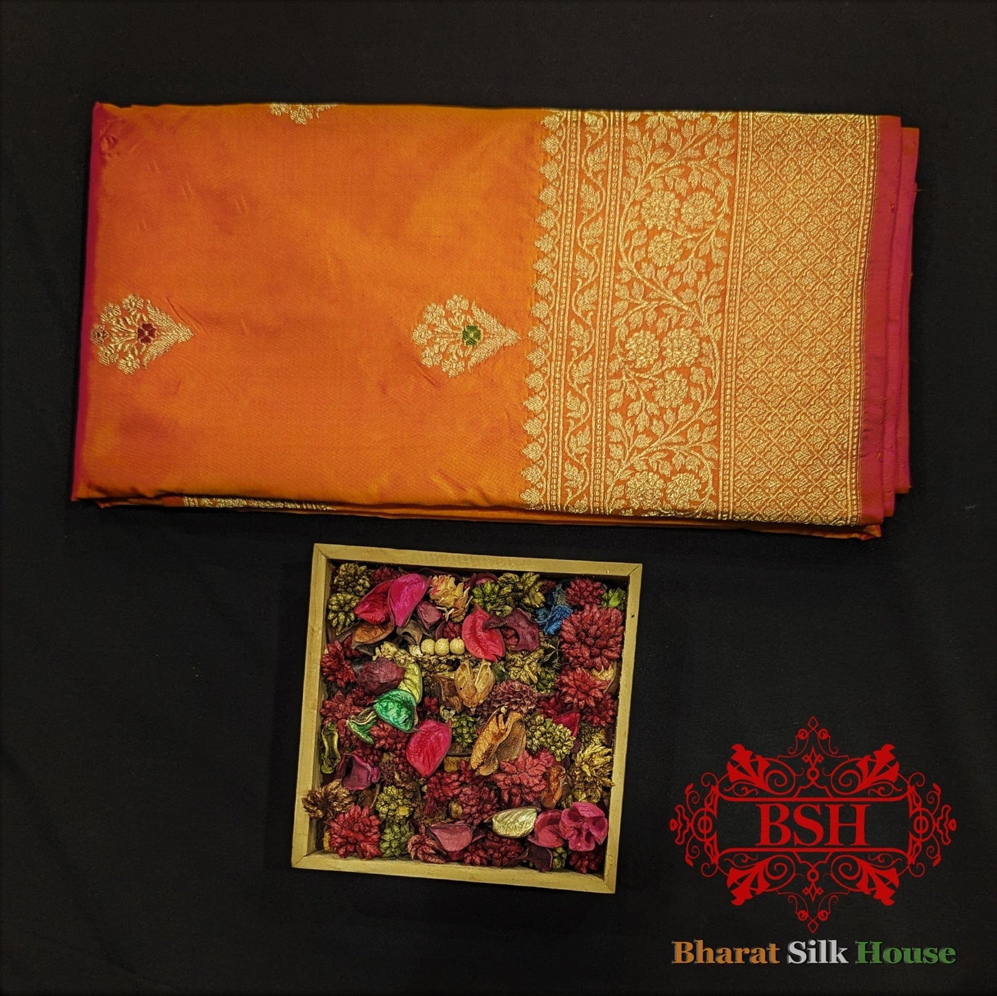 Pure Banarasi Handloom Katan Silk Meenakari Antique Zari Saree In Shades Of Orange - Bharat Silk House