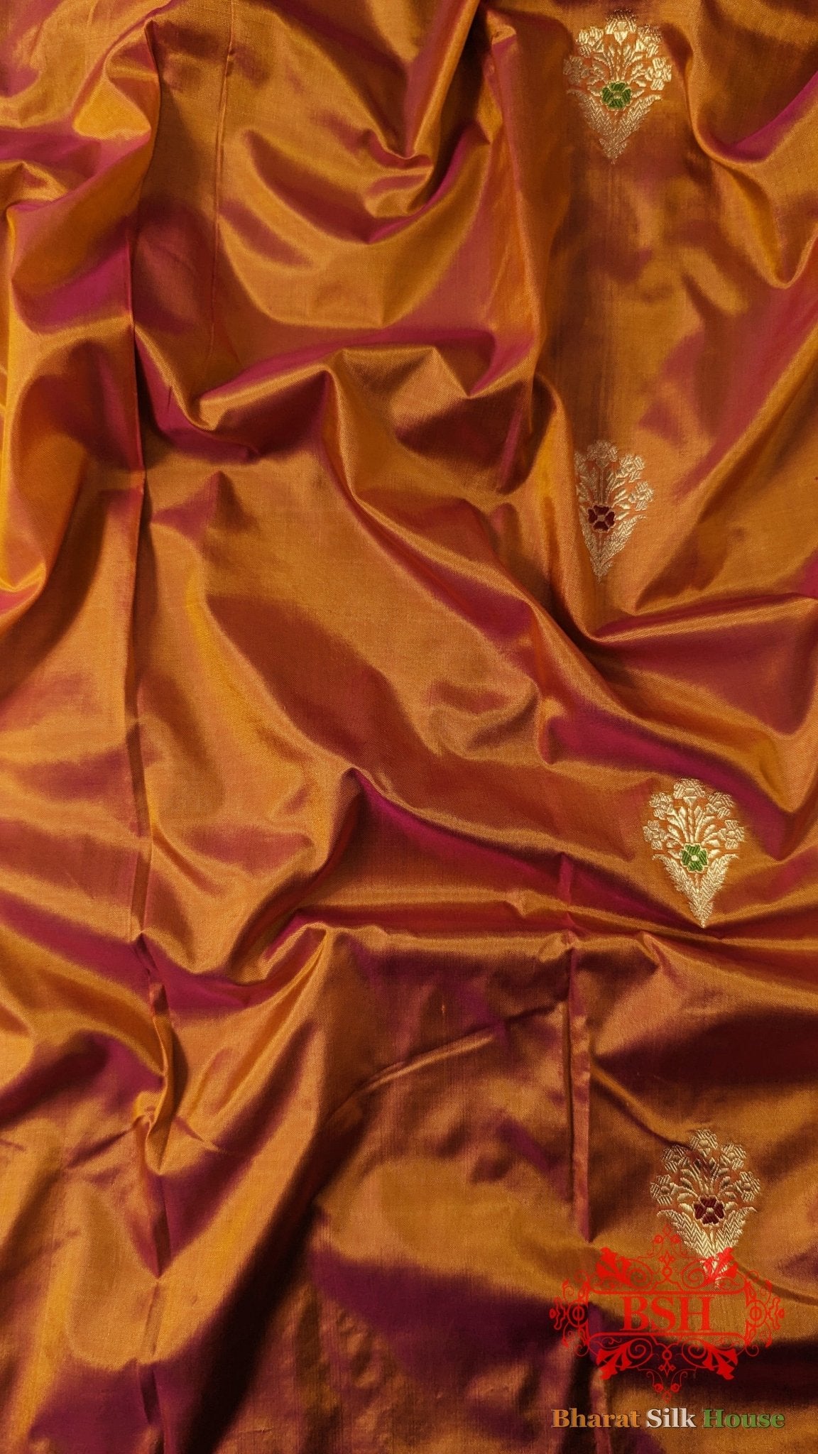 Pure Banarasi Handloom Katan Silk Meenakari Antique Zari Saree In Shades Of Orange - Bharat Silk House