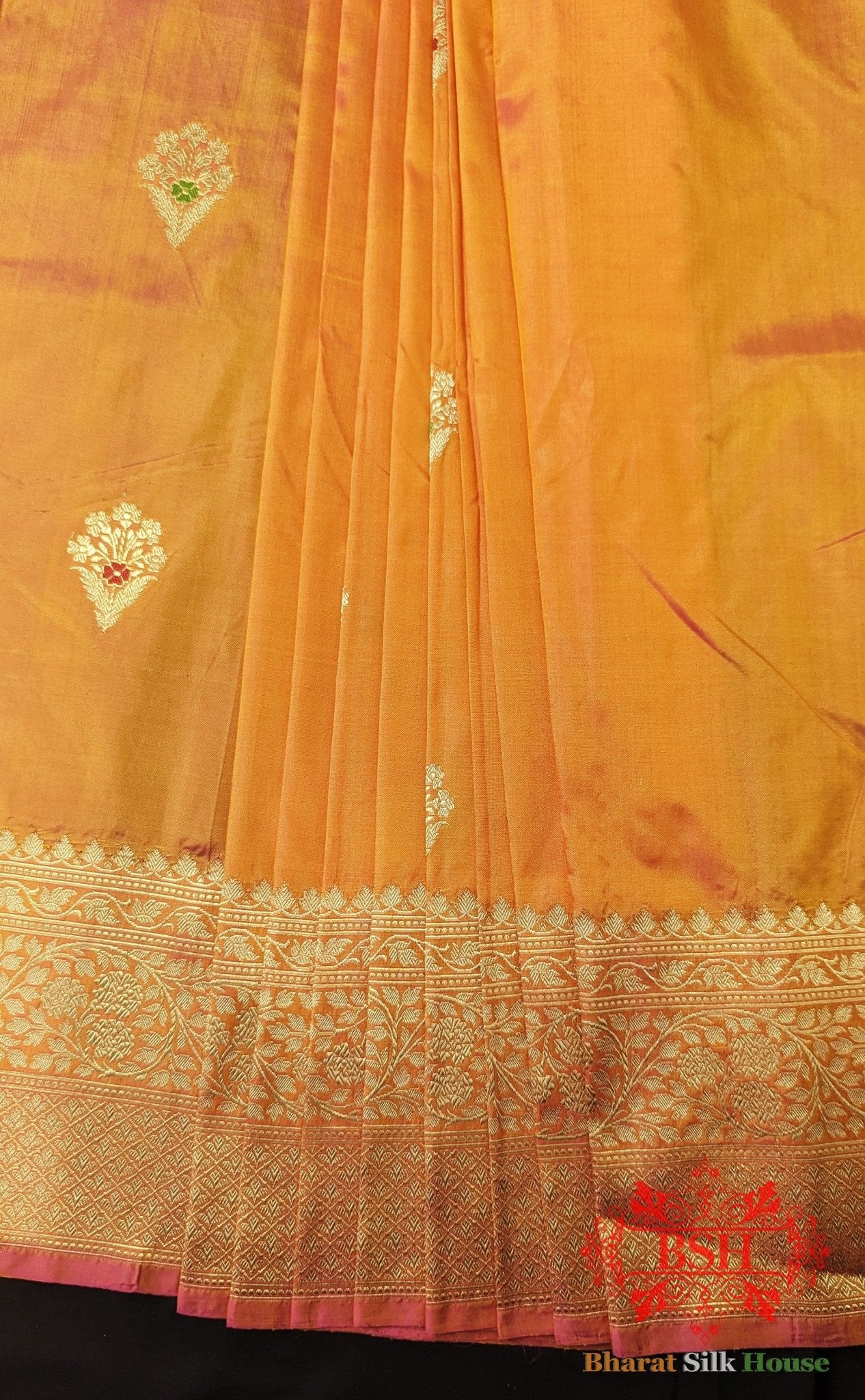 Pure Banarasi Handloom Katan Silk Meenakari Antique Zari Saree In Shades Of Orange - Bharat Silk House