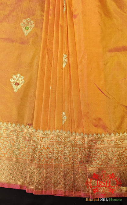 Pure Banarasi Handloom Katan Silk Meenakari Antique Zari Saree In Shades Of Orange - Bharat Silk House