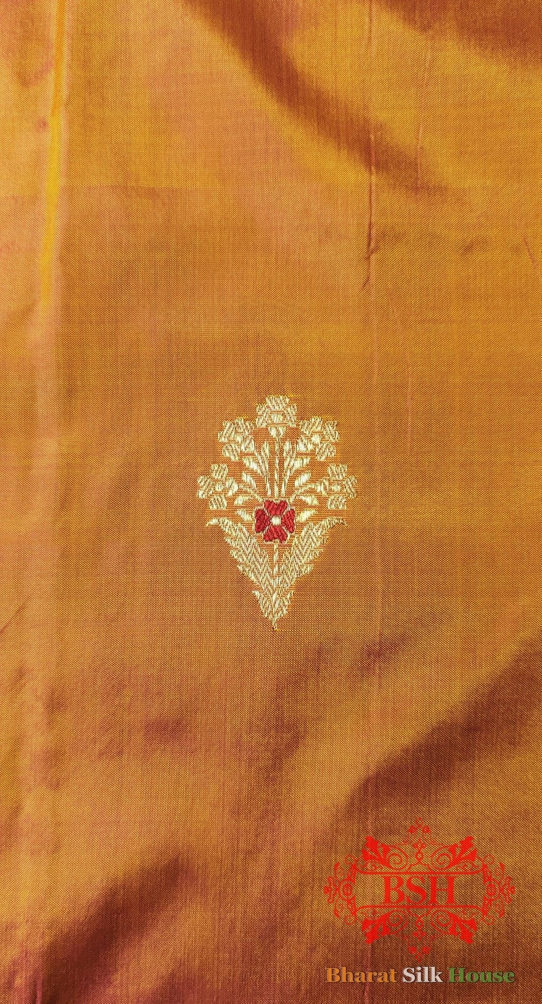 Pure Banarasi Handloom Katan Silk Meenakari Antique Zari Saree In Shades Of Orange - Bharat Silk House