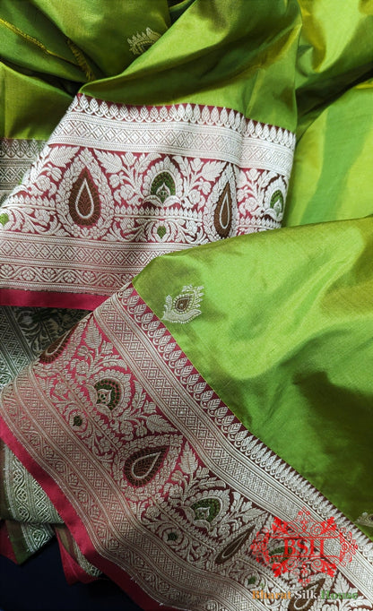 Pure Banarasi Handloom Katan Silk Meenakari Antique Zari Saree In Shades Of Parrot Green - Bharat Silk House