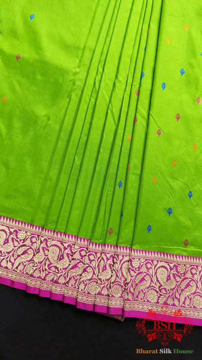 Pure Banarasi Handloom Katan Silk Meenakari Antique Zari Saree In Shades Of Parrot Green - Bharat Silk House